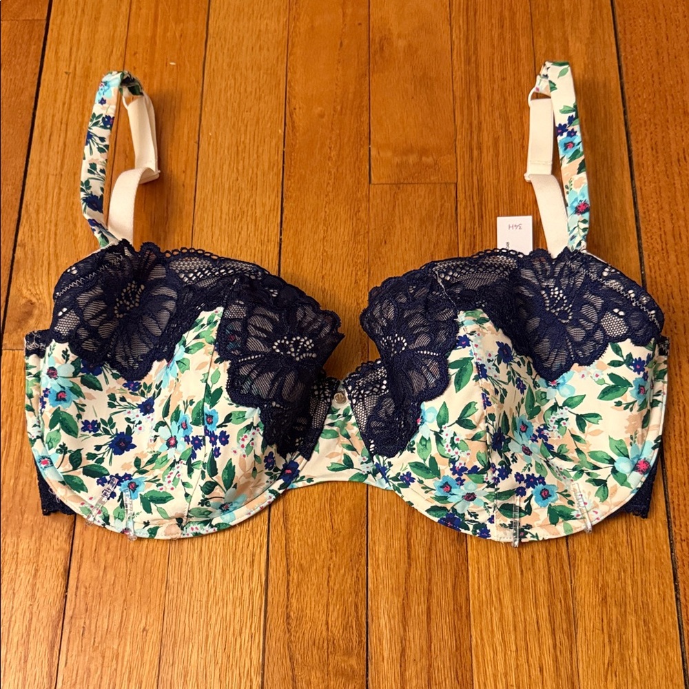 Adore Me Navy and Cream Floral Lace Bra